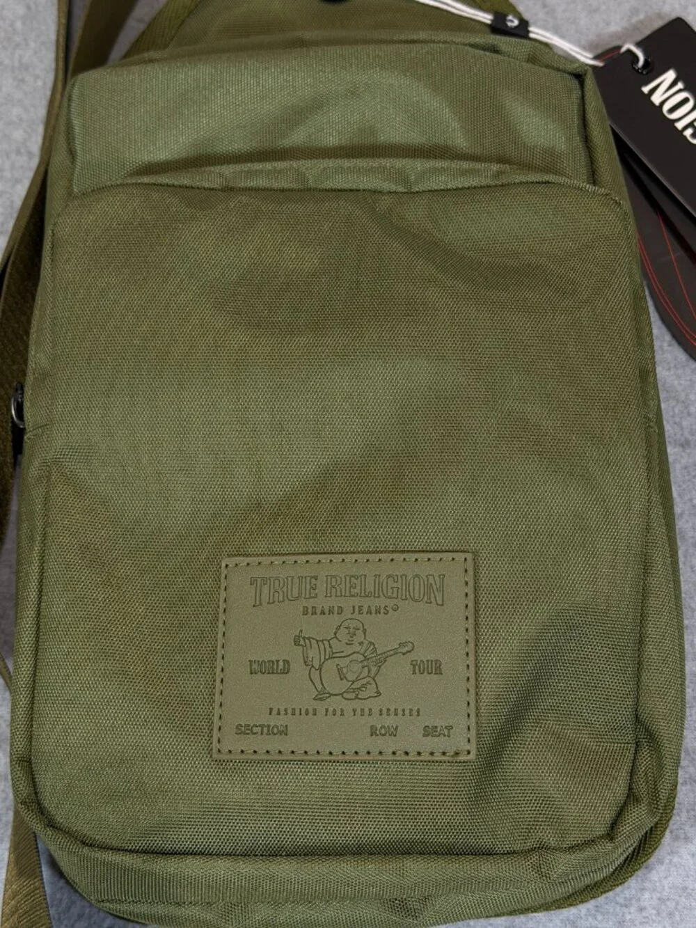 True Religion Unisex Olive Green Crossbody Sling Bag Pockets Adjustable NWT